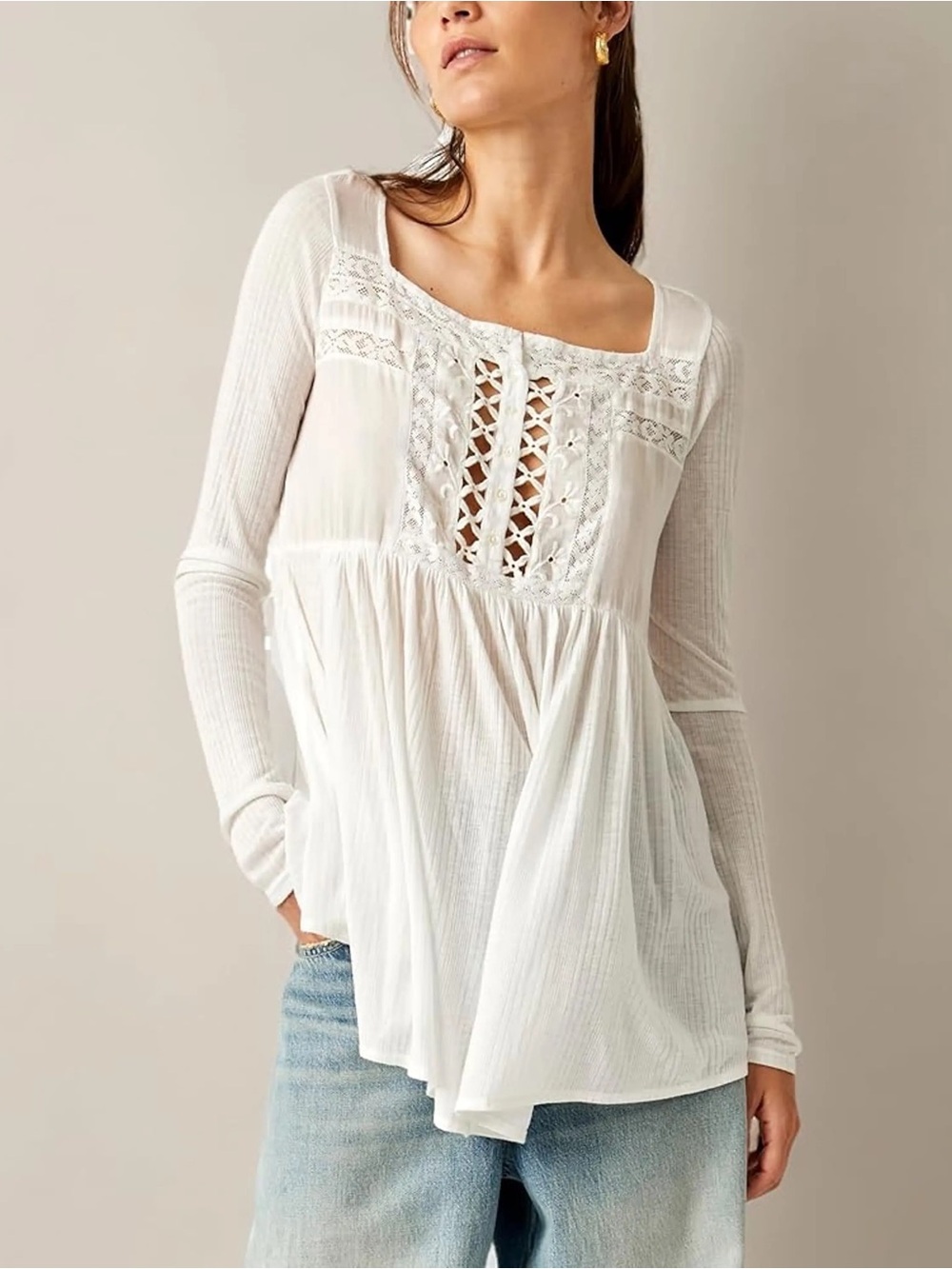 Free People pretty please Ivory Lace-Up Boho Tunic